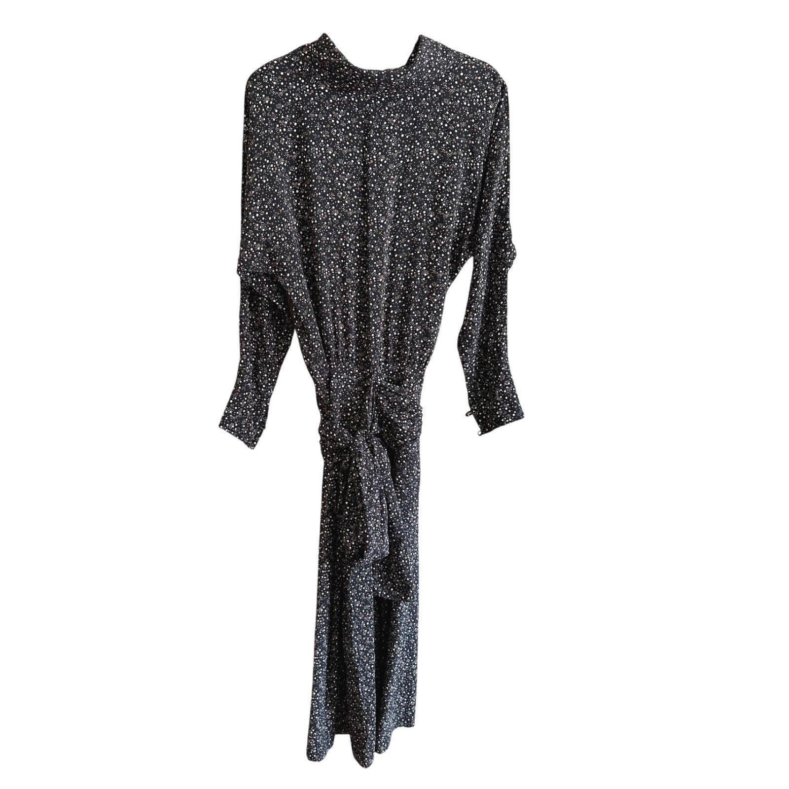 Vintage Sujon Made in England Black Polka Dot Tie Waist Maxi Dress Womens 10