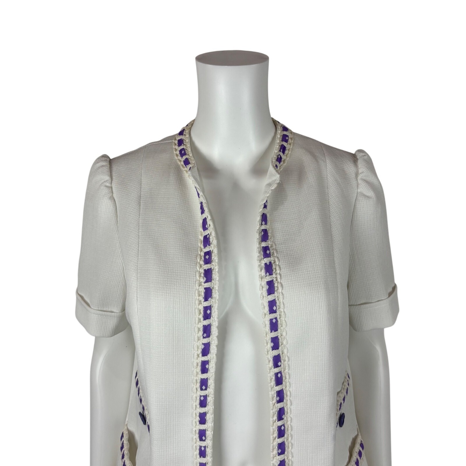 Vintage 70s Open Top Women&rsquo;s Large Lavender White Diamond Print Cardigan