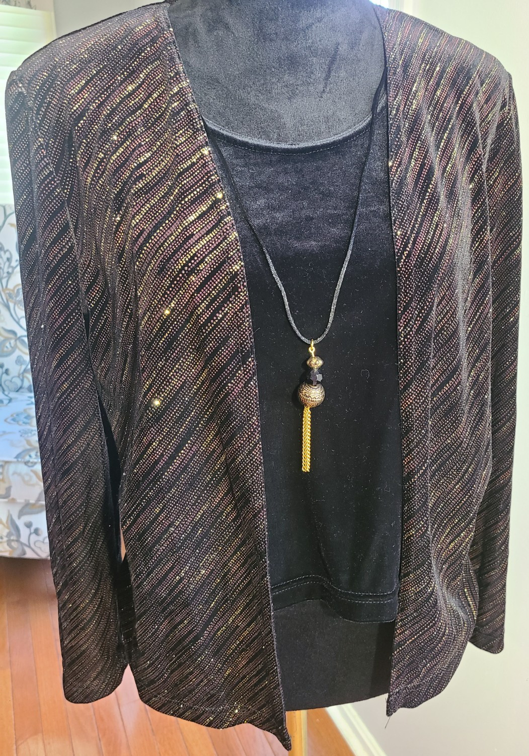 VTG Karin Stevens Glitter Disco Jacket W/ Velvet Top & Necklace Sz 6P 80&rsquo;s 90s