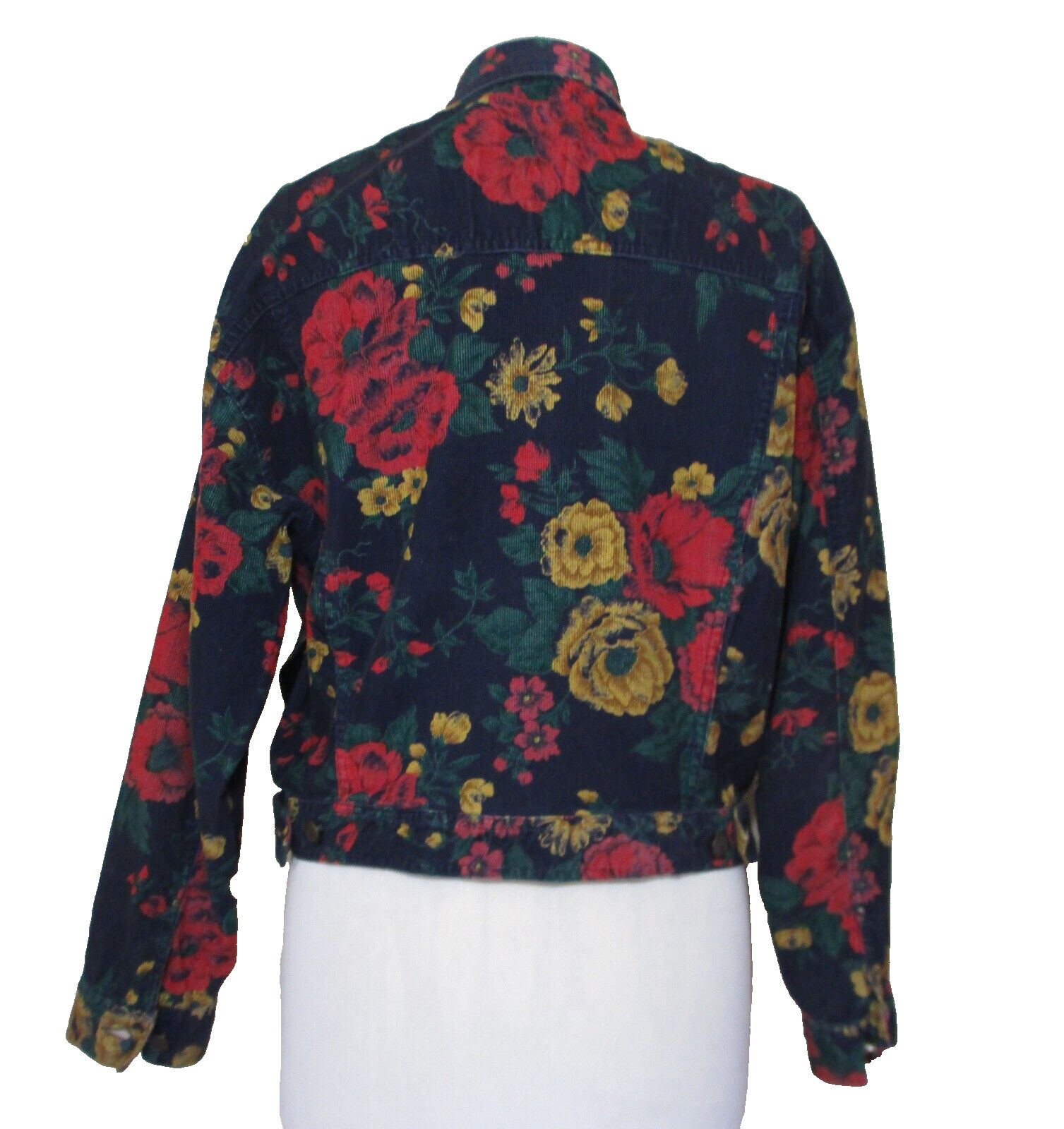 Vintage Crop Corduroy Jacket Medium Women Blue Multicolor Floral Print
