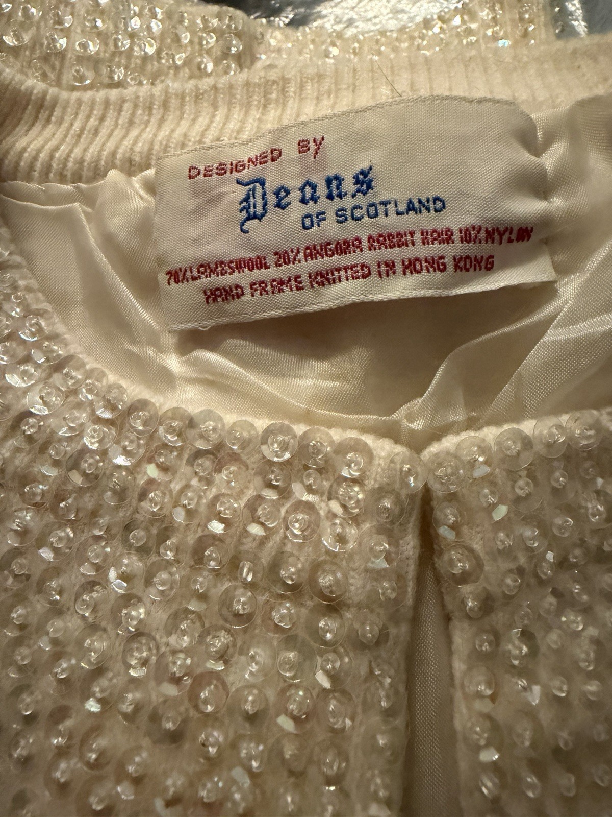 Vintage Deans of Scotland Beaded Angora Wool Cardigan Sweater Cream (50’s60’s?)