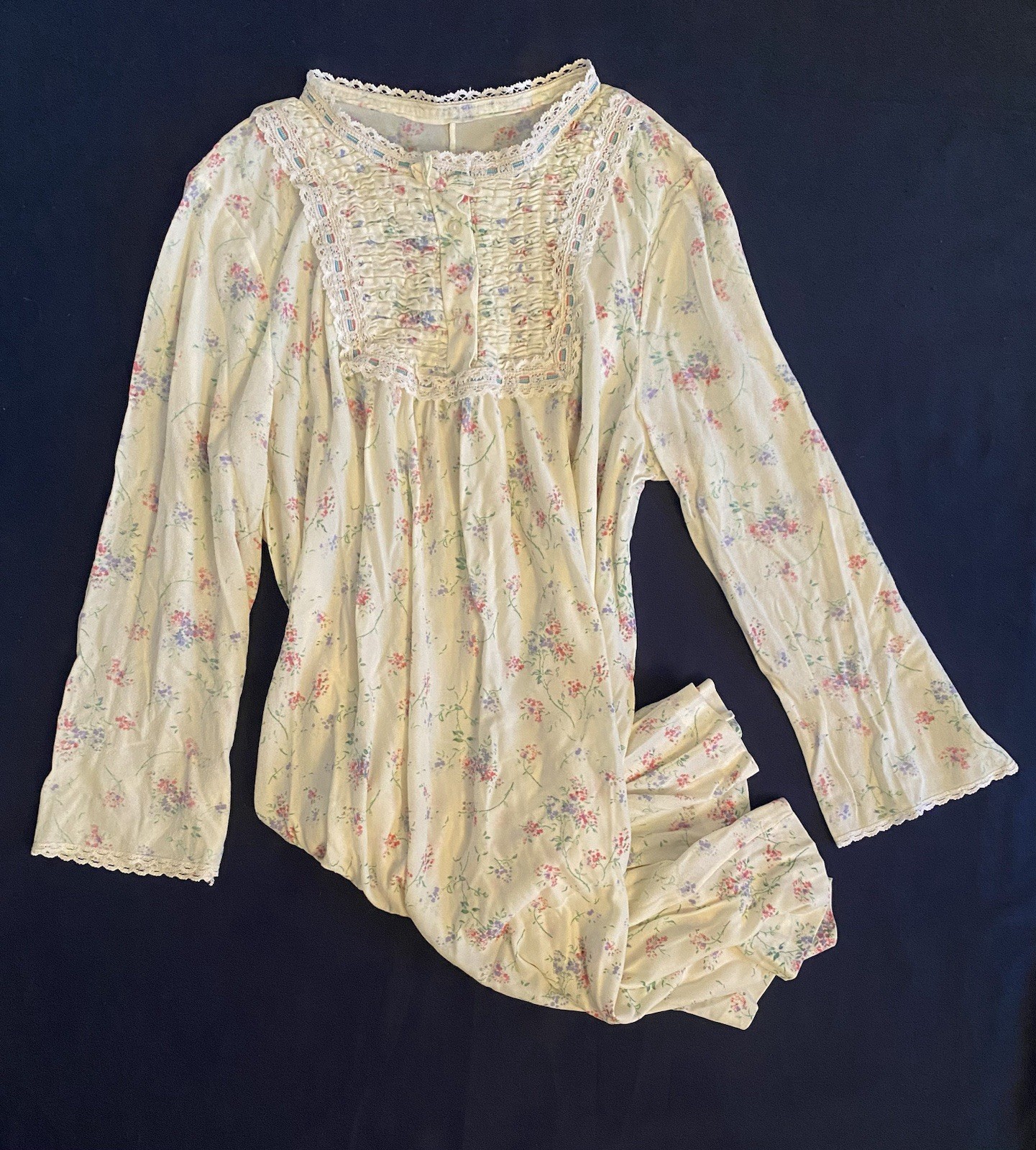Vintage Miss Elaine Short Floral Nightgown Cotton Lace Long Sleeve Nightie Sz M
