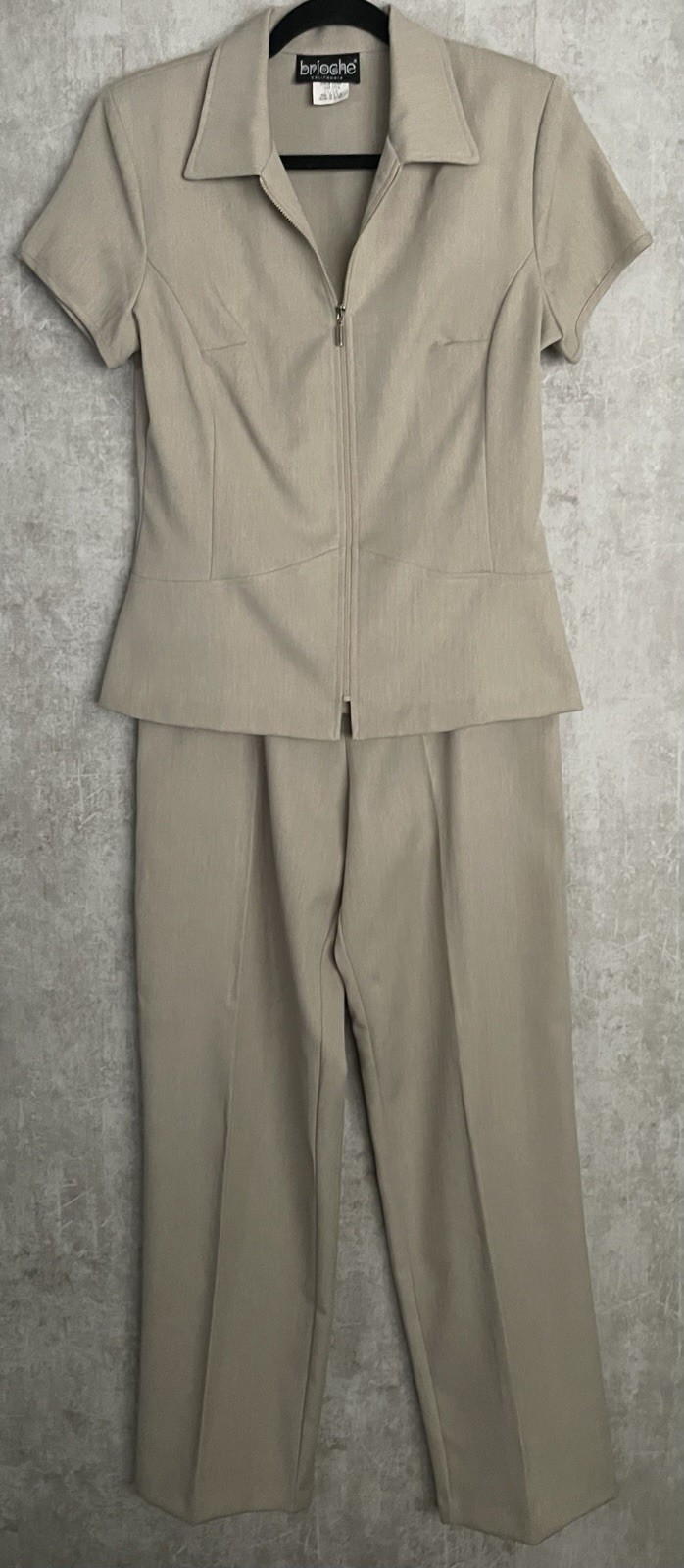 VTG Brioche Textured Beige Career Short-Sleeve ZipUp Jacket Pant SuitSet Sz11/12