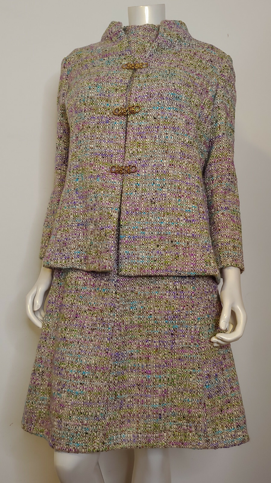 Vintage Joseph Magnin Pink Purple Blue Wool Tweed Dress Jacket Suit M 8 10