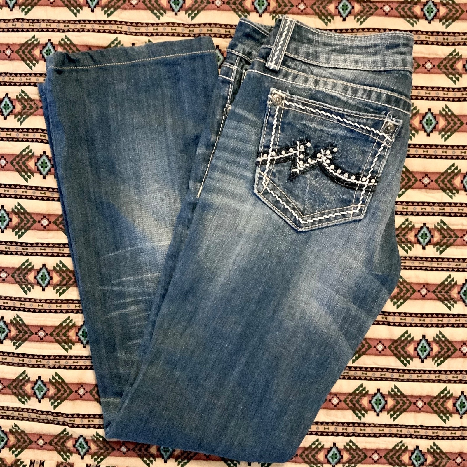 Vtg Women&rsquo;s Miss Me Jeans Denim Boot Cut Rhinestone Distressed Low Rise Size 29