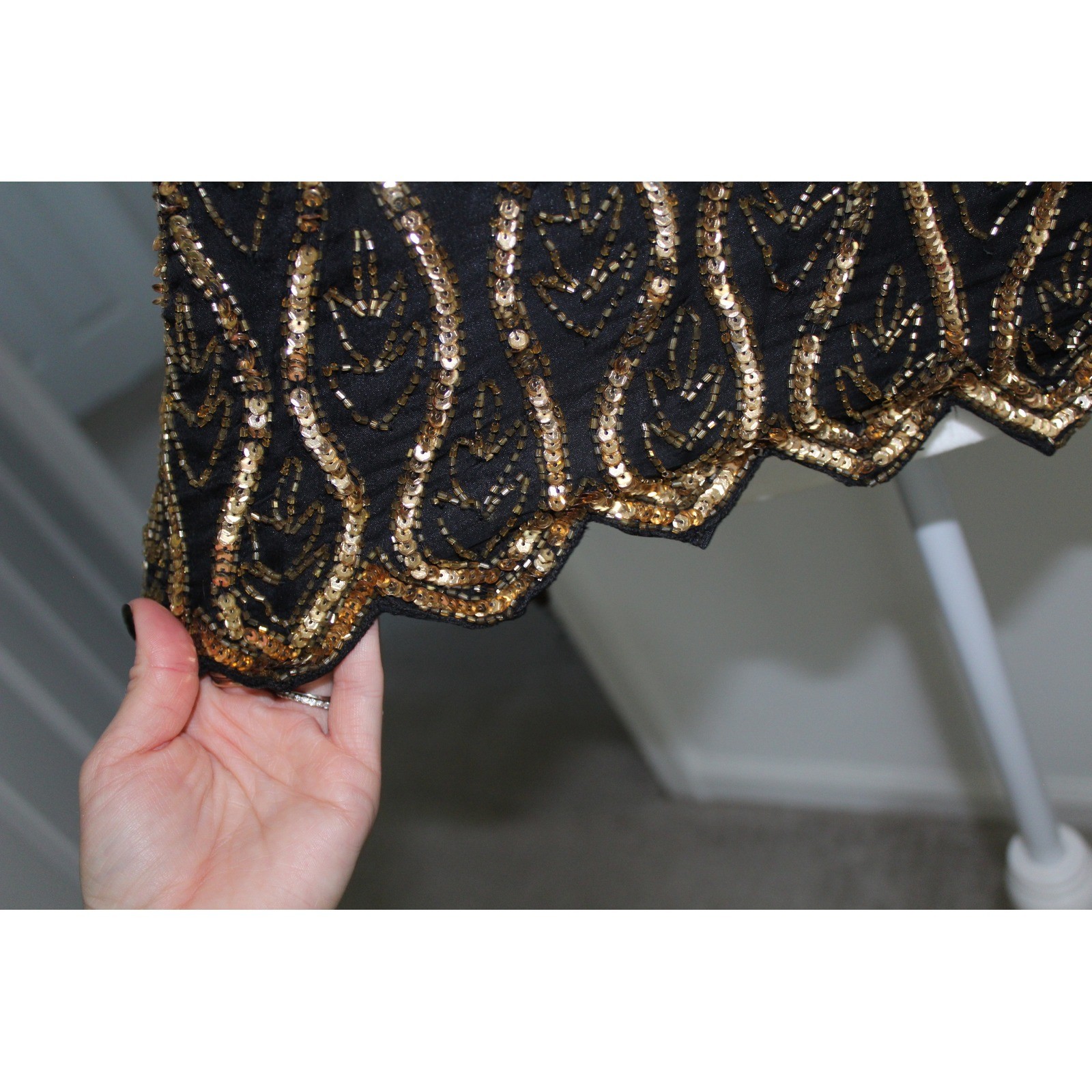 VTG Stenay Petite Gold Sequin Beaded Evening Top Black Art Deco Scalloped PL