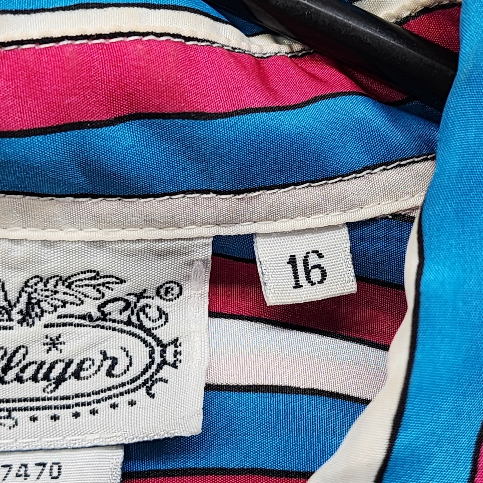 Vintage The Villager Top Womens 16 Pink Blue White Striped Tie Neck Button Front