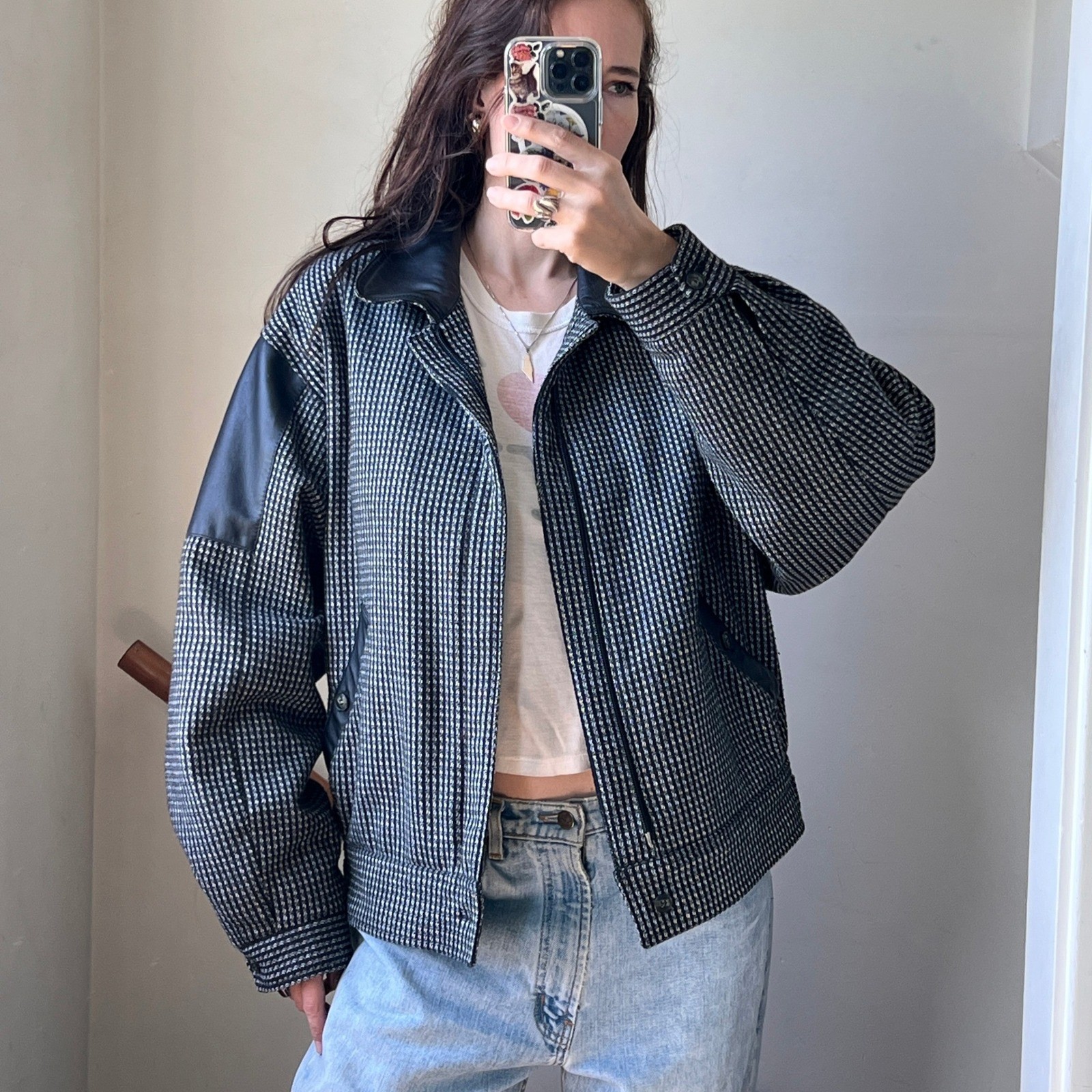Vintage Wool Knit Bomber Jacket Black Leather Trim Textured Zip Up Baggy Coat