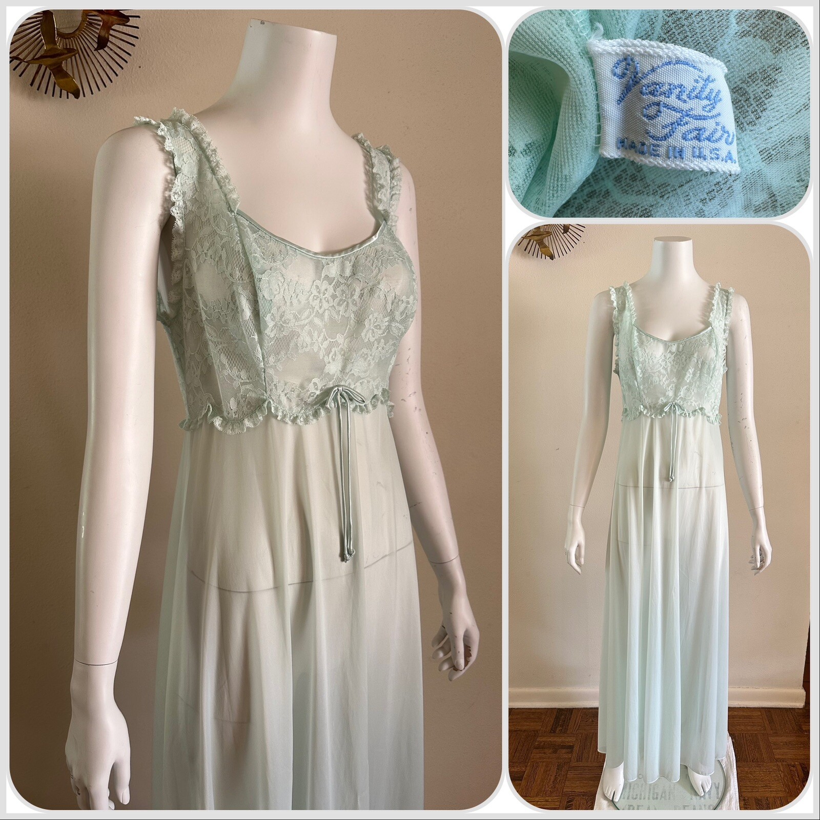 1960s Vanity Fair Mint Green Nylon Tricot Lace Nightgown Slip Dress Negligee VTG