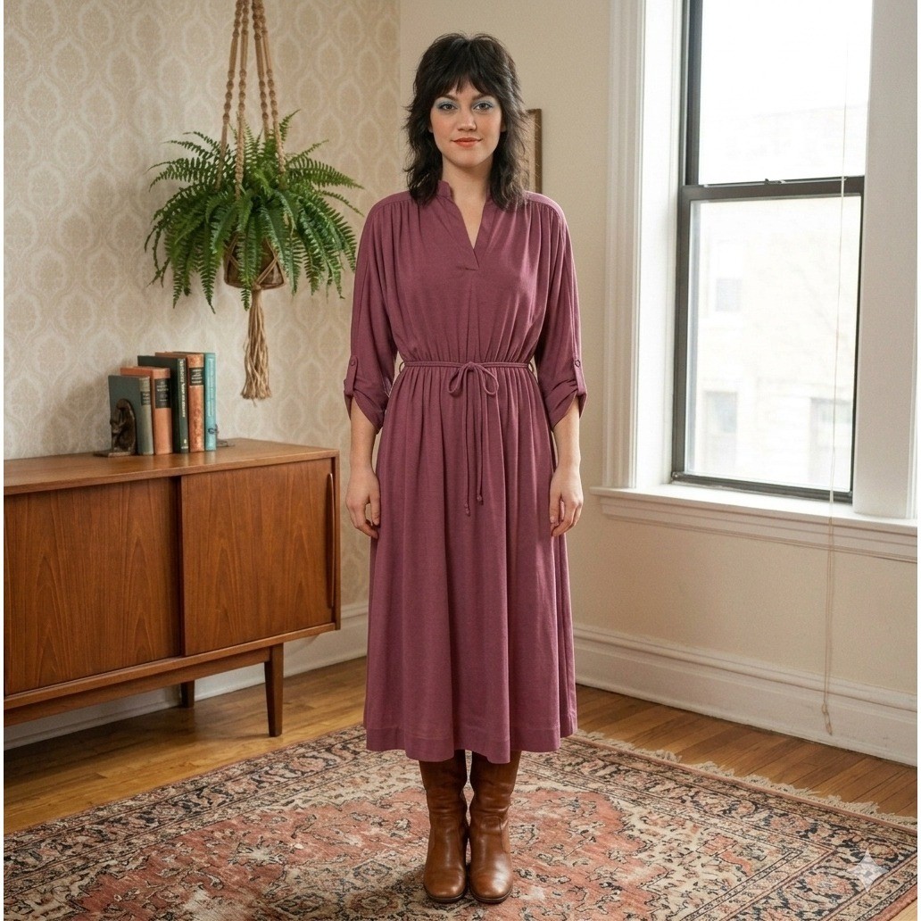 Vintage 70s David Warren Dress Womens Size 8 Plum Purple ILGWU Union Made Midi