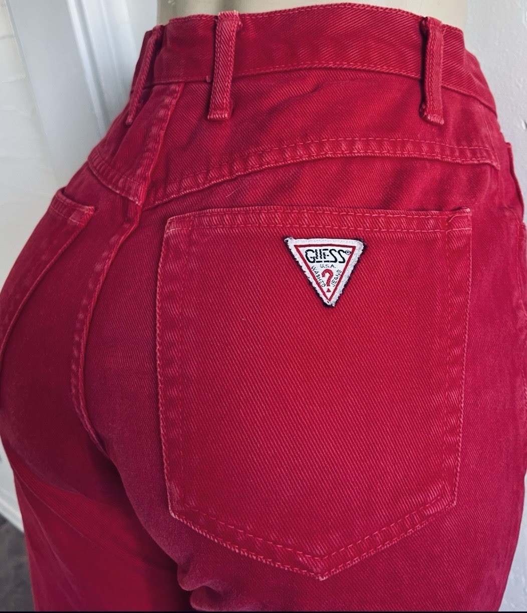 Vintage 1990s Guess Jeans High Rise Scarlet Red Denim Barrel Tapered Mom USA 28