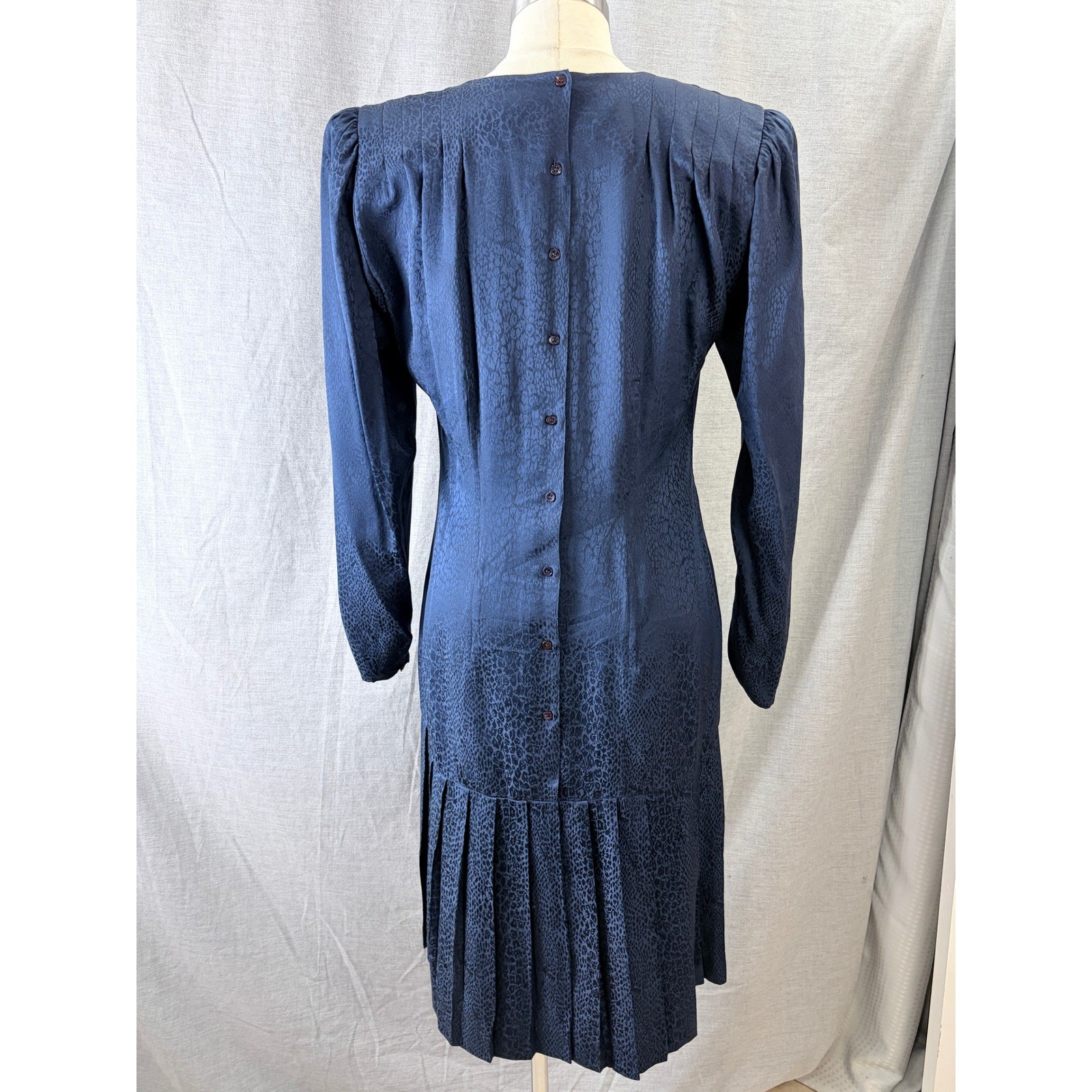 Argenti Vintage 80s Silk Leopard Jacquard Drop Waist Dress Navy 10 Dark Academia