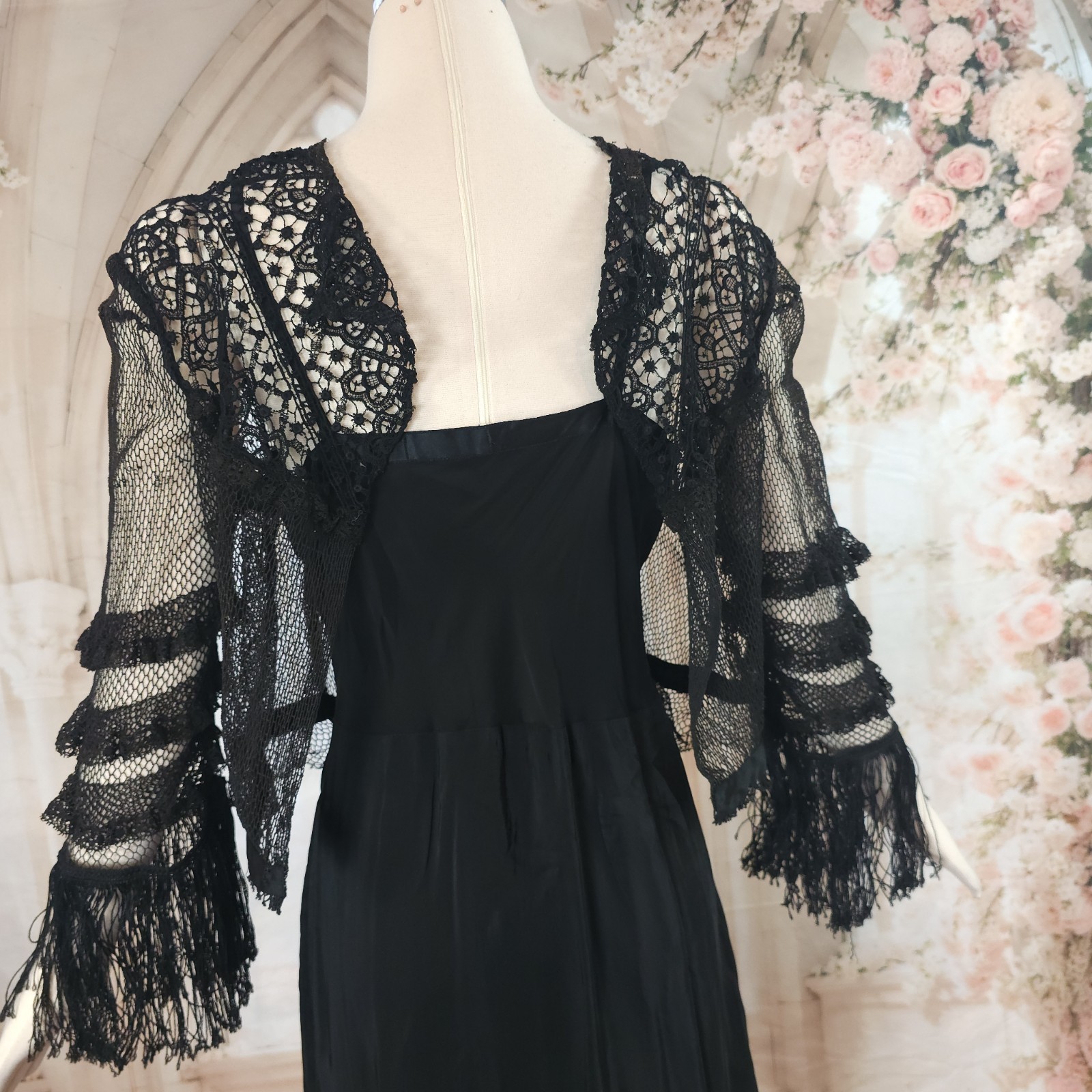 Black Crochet Lace Blouse Fringe Tassels Antique Victorian Edwardian Top Shirt