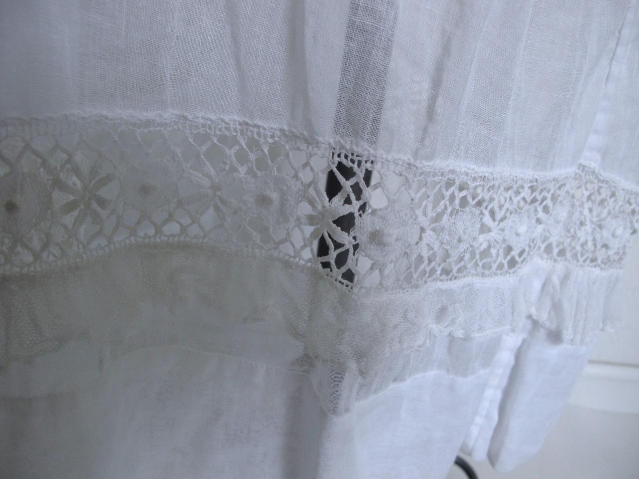 Antique Victorian Edwardian White Sheer Voile Dress XXXS Lace Trim Pintucks