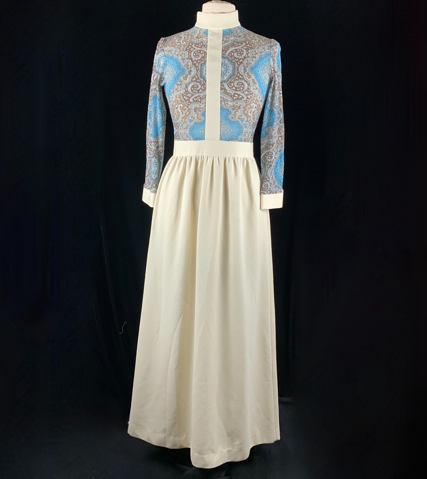 Sears 1970s Poly Double Knit Maxi Dress S Blue Lace Gathered Skirt Excellent