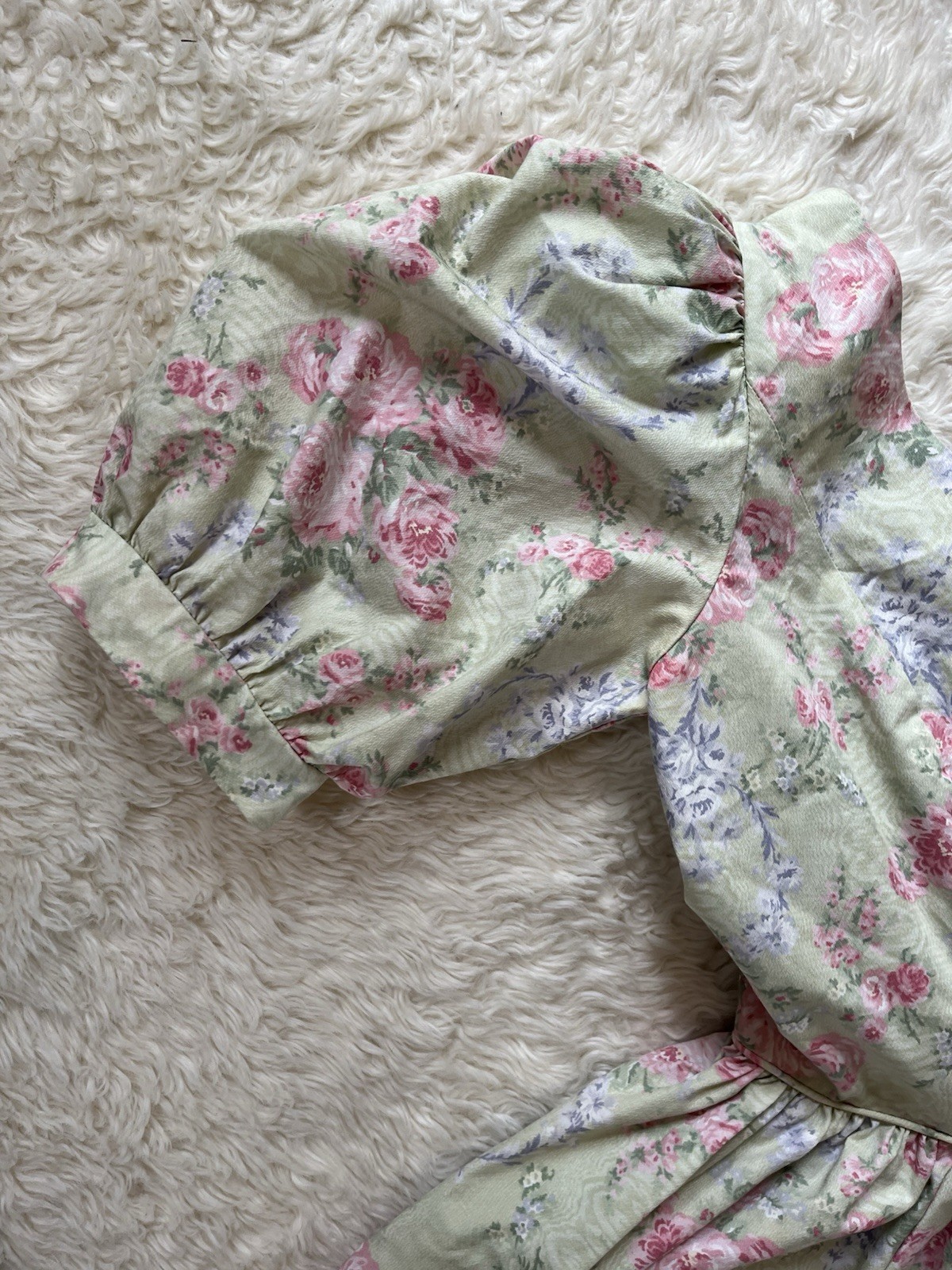 VTg Laura Ashley Dress Size 8 80s Puff Sleeve Floral Bow Green Prairie Cottage