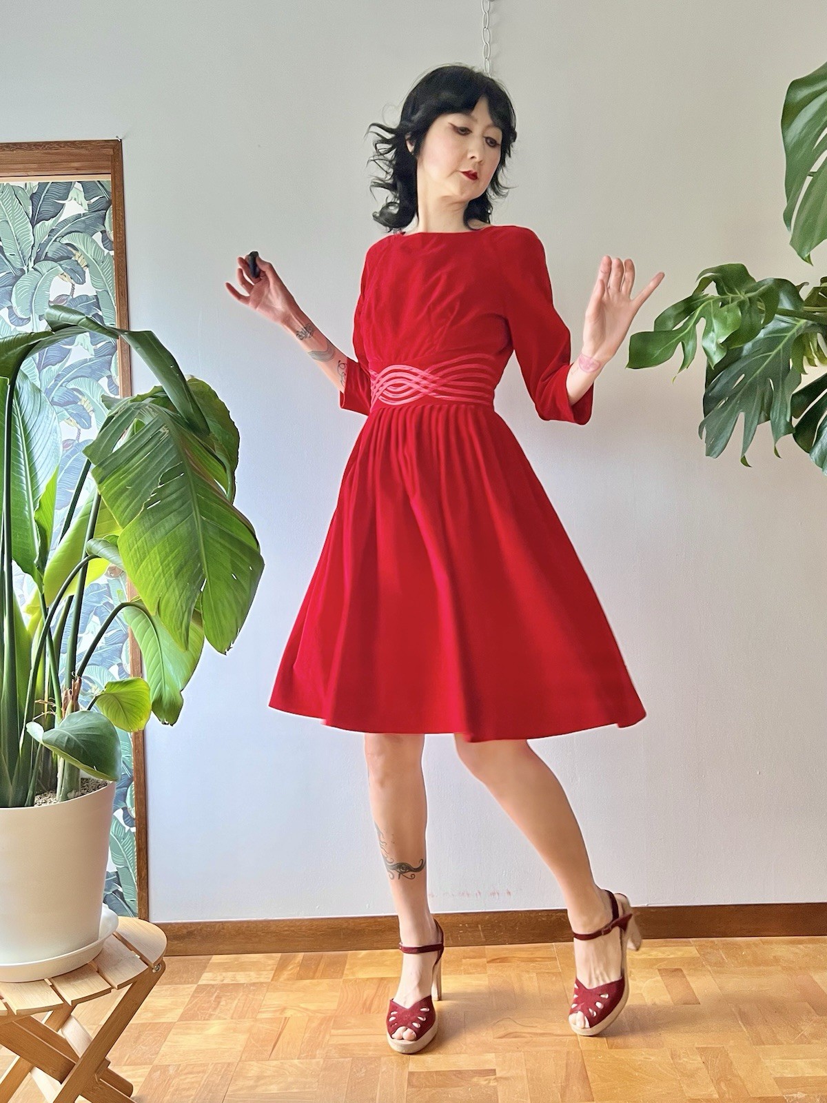 VTG 50s Carol Brent Red Velveteen Cocktail Dress XS/S Rockabilly