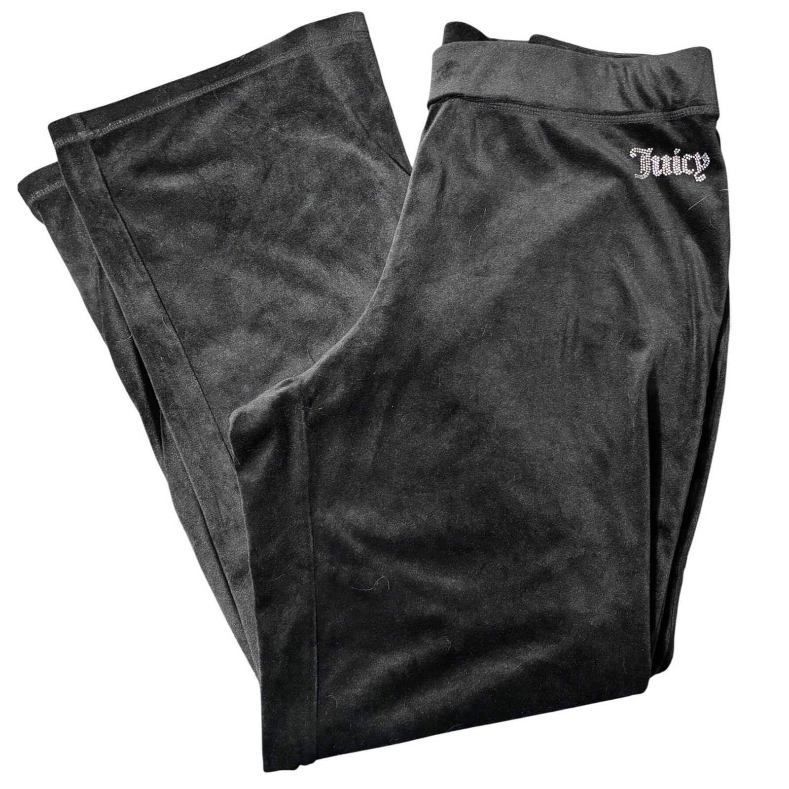 Y2K Juicy Couture Black Velour Track Pants w/ Rhinestone Bling Logo Size XL