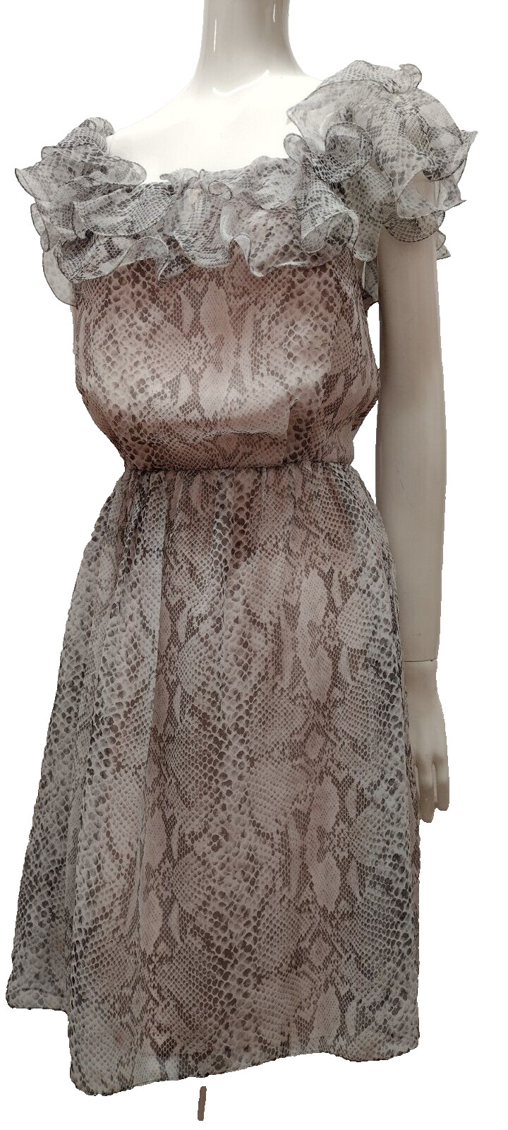 Vintage 80s Gray Snakeskin Chiffon Dress Ruffles Flamboyant Dolly Busty Size S/M