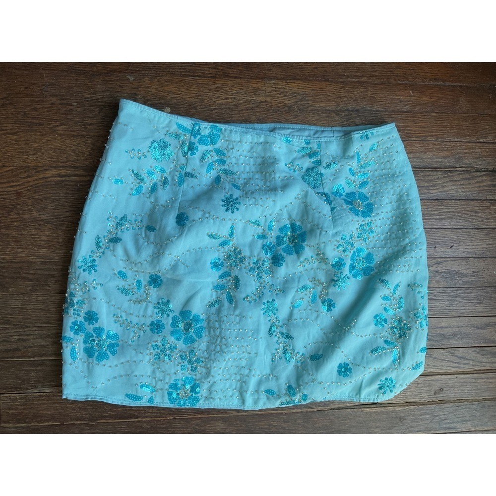 Vintage Light Blue Floral Beaded Sequin Mini Skirt High Rise Side Zip Lined