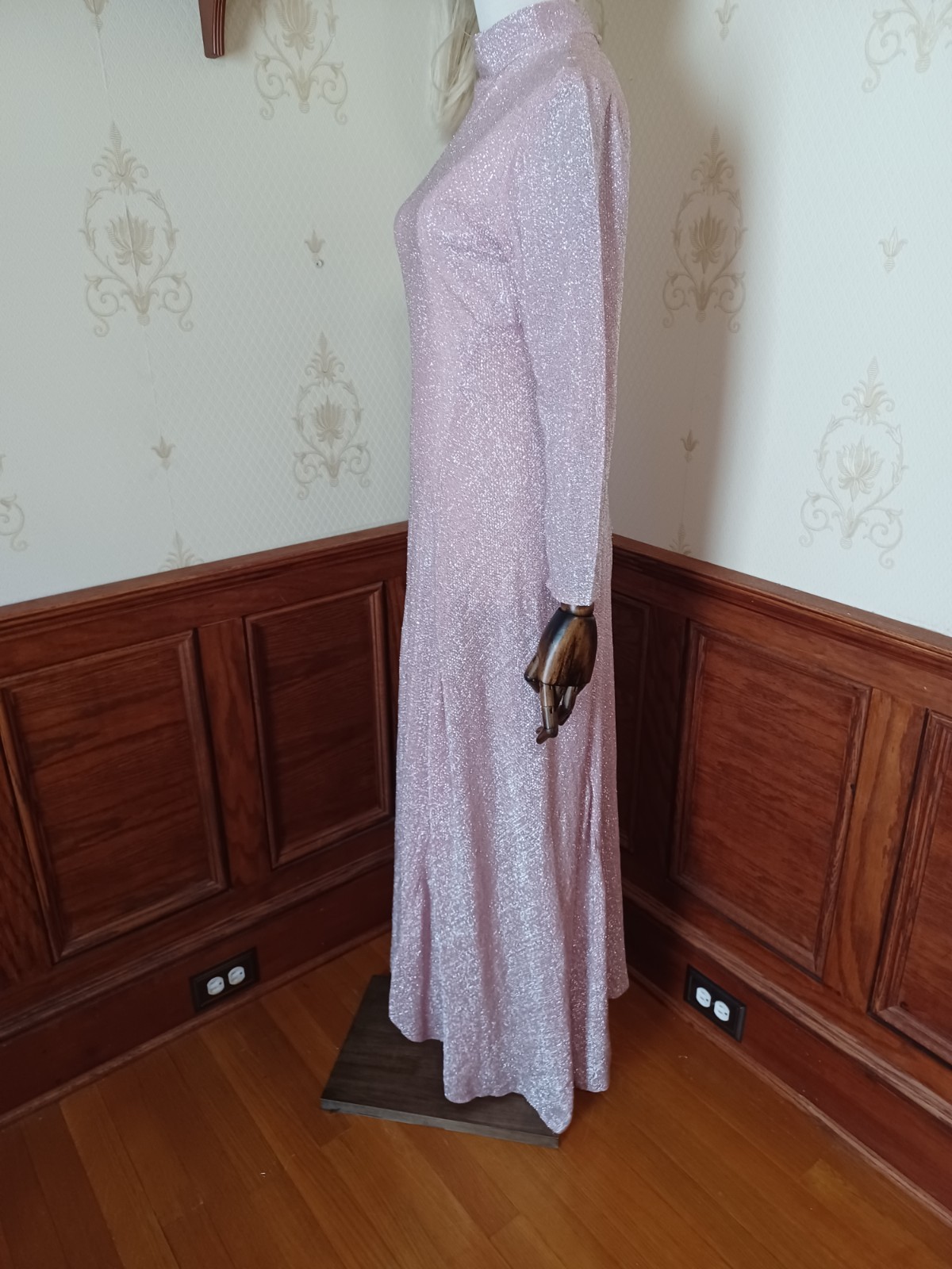 Vintage 1960s/70s Pink Glitter Disco Glam Medieval Revival Hostess Maxi Dress