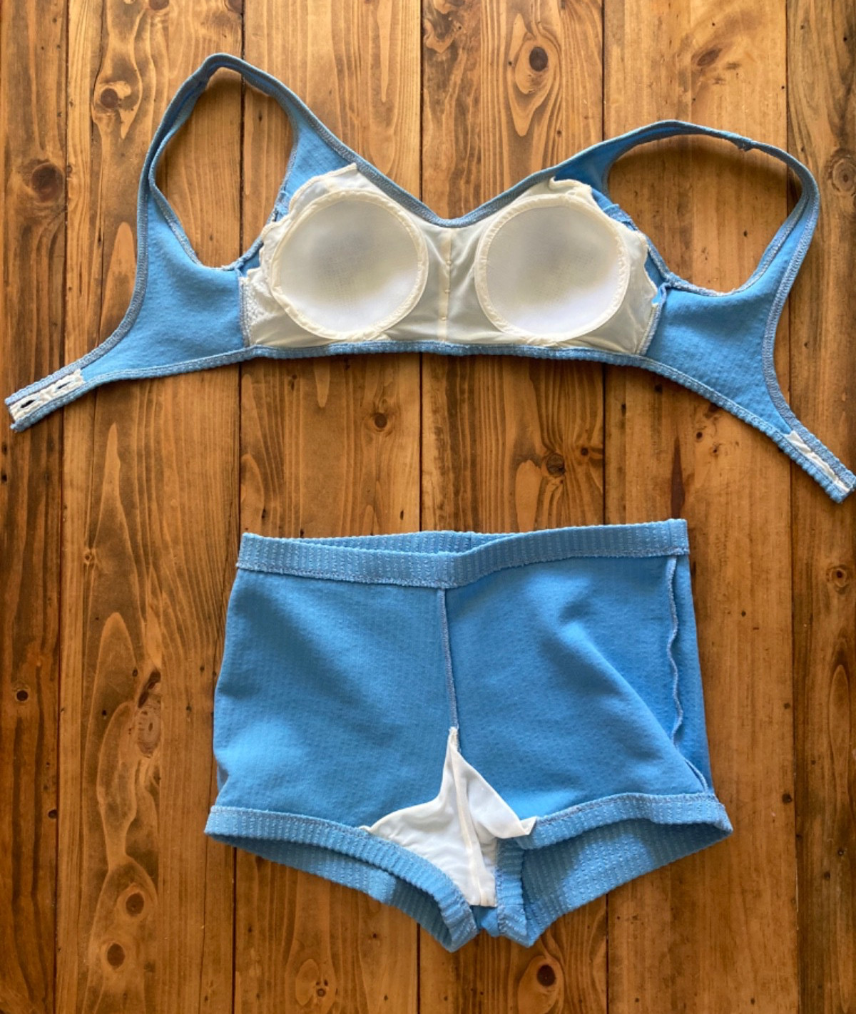 Vintage Sz 14 1960-70s Sky Blue Two Piece Bikini Set Knit Seersucker Stripe Mod