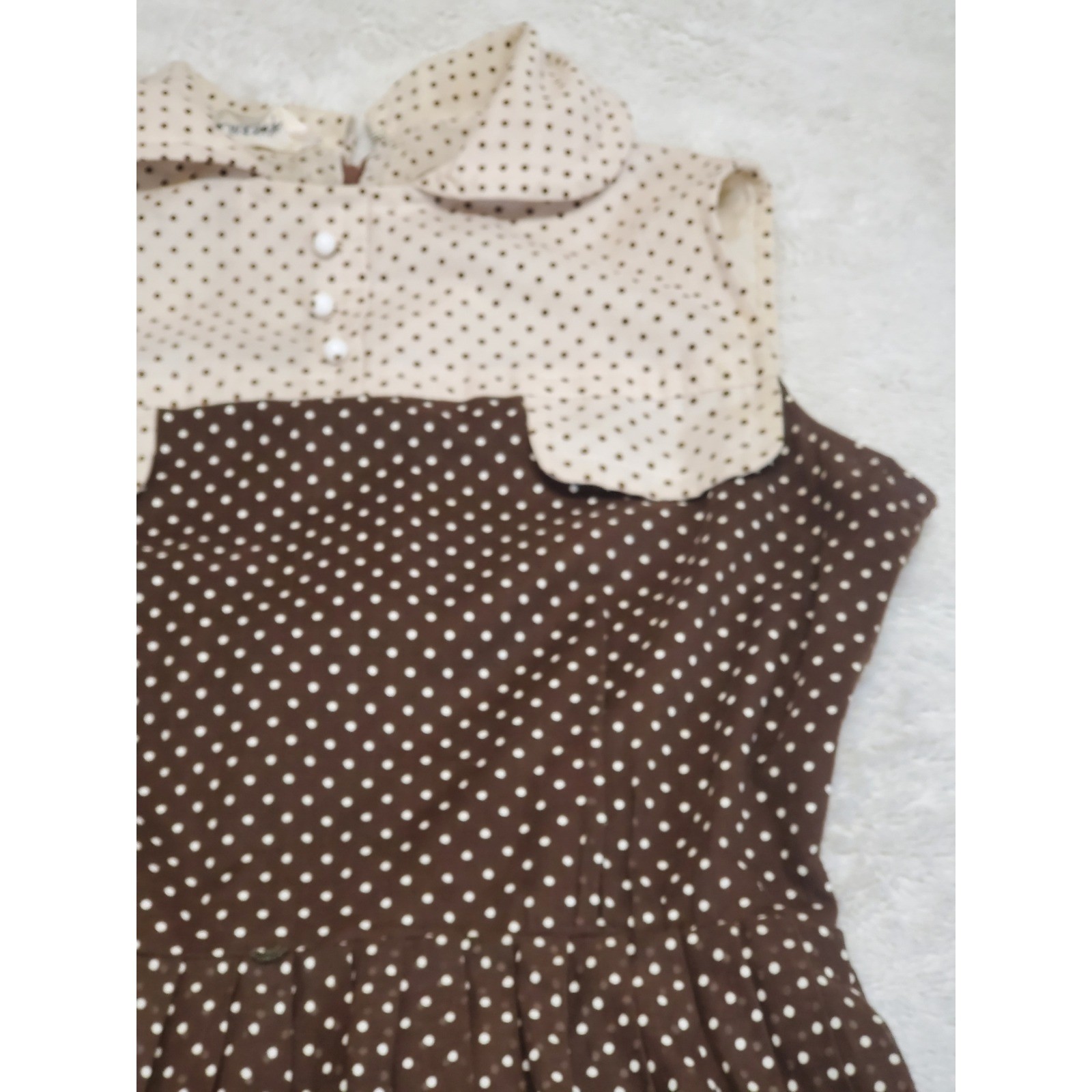 Vintage Adele Marcin Brown Cream Polka Dot Midi Dress XS Boho Chic Retro Cottage