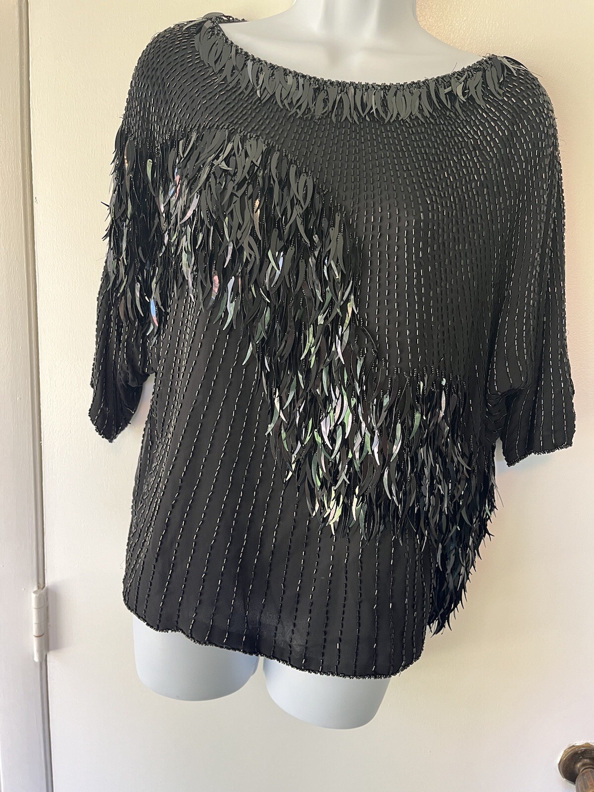 Silk Sequin Vintage Oleg Cassini Beaded Top Black Tie Medium Formal Party