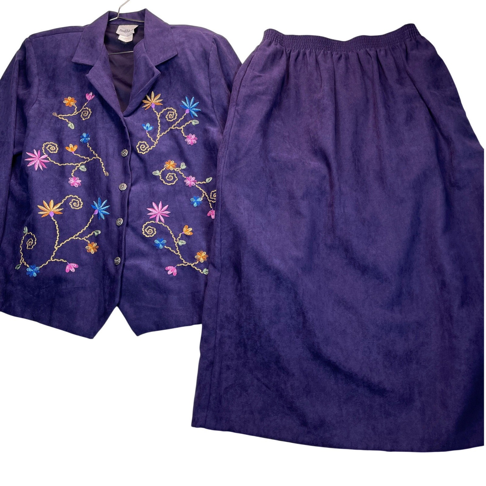 BonWorth Skirt Suit Set M Purple Floral Embroidered Faux Suede VTG Granny Artsy