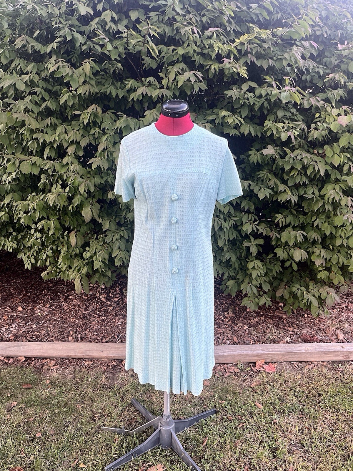 Vintage 60’s Mod Aqua Blue Polyester Knit Button Detail Dress S/M