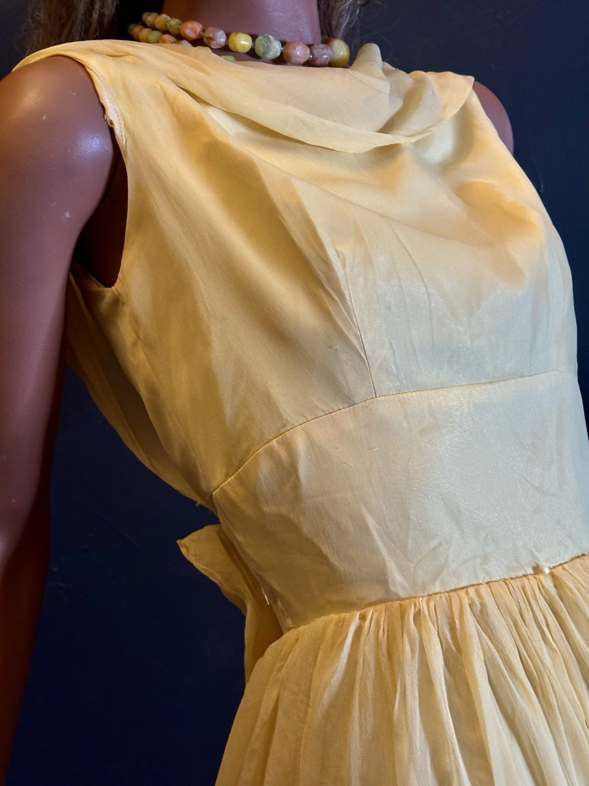 MCM Yellow Chiffon Mod Party Cocktail Dress Fitted Empire Waist/Full Skirt/Bow S