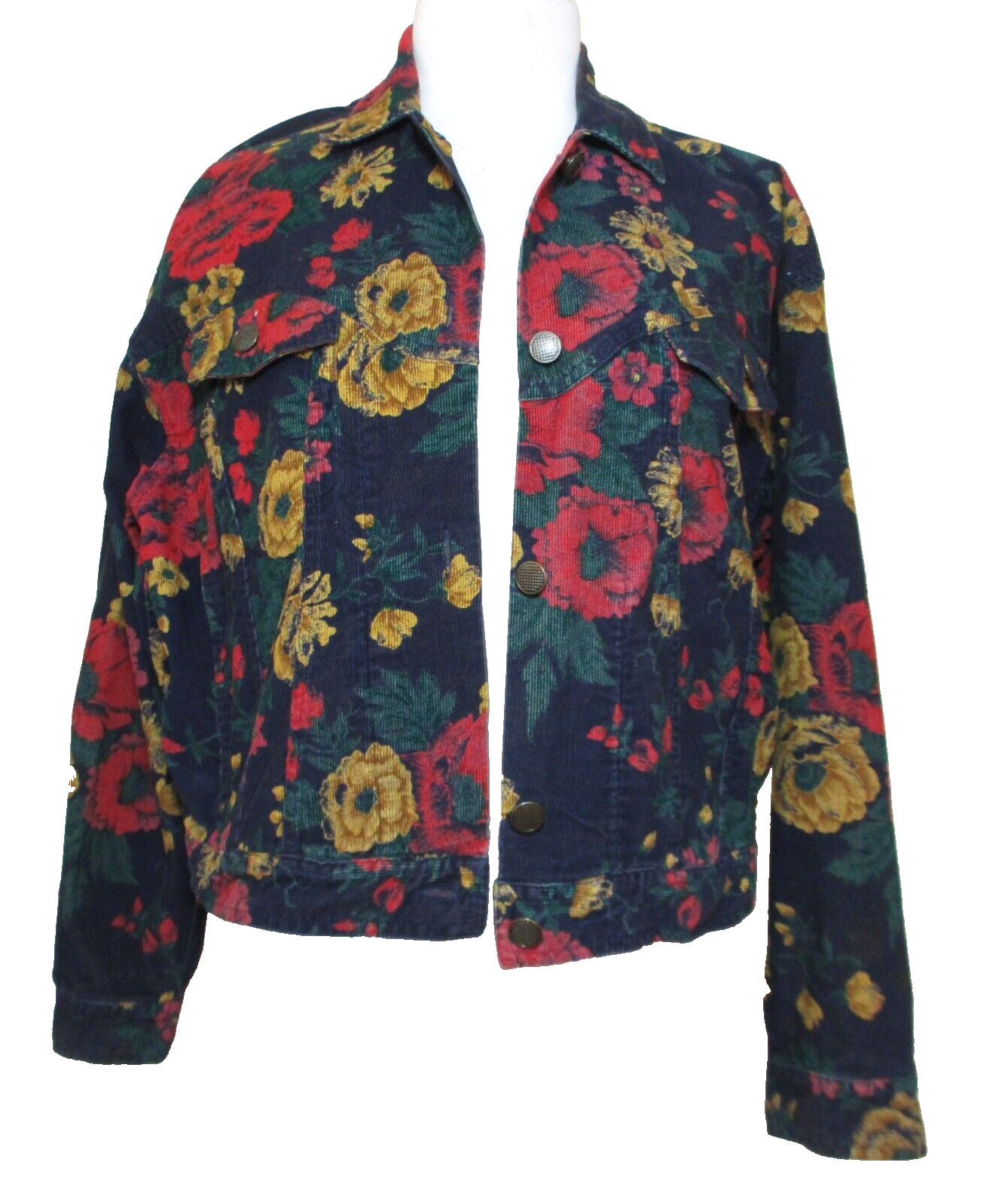 Vintage Crop Corduroy Jacket Medium Women Blue Multicolor Floral Print