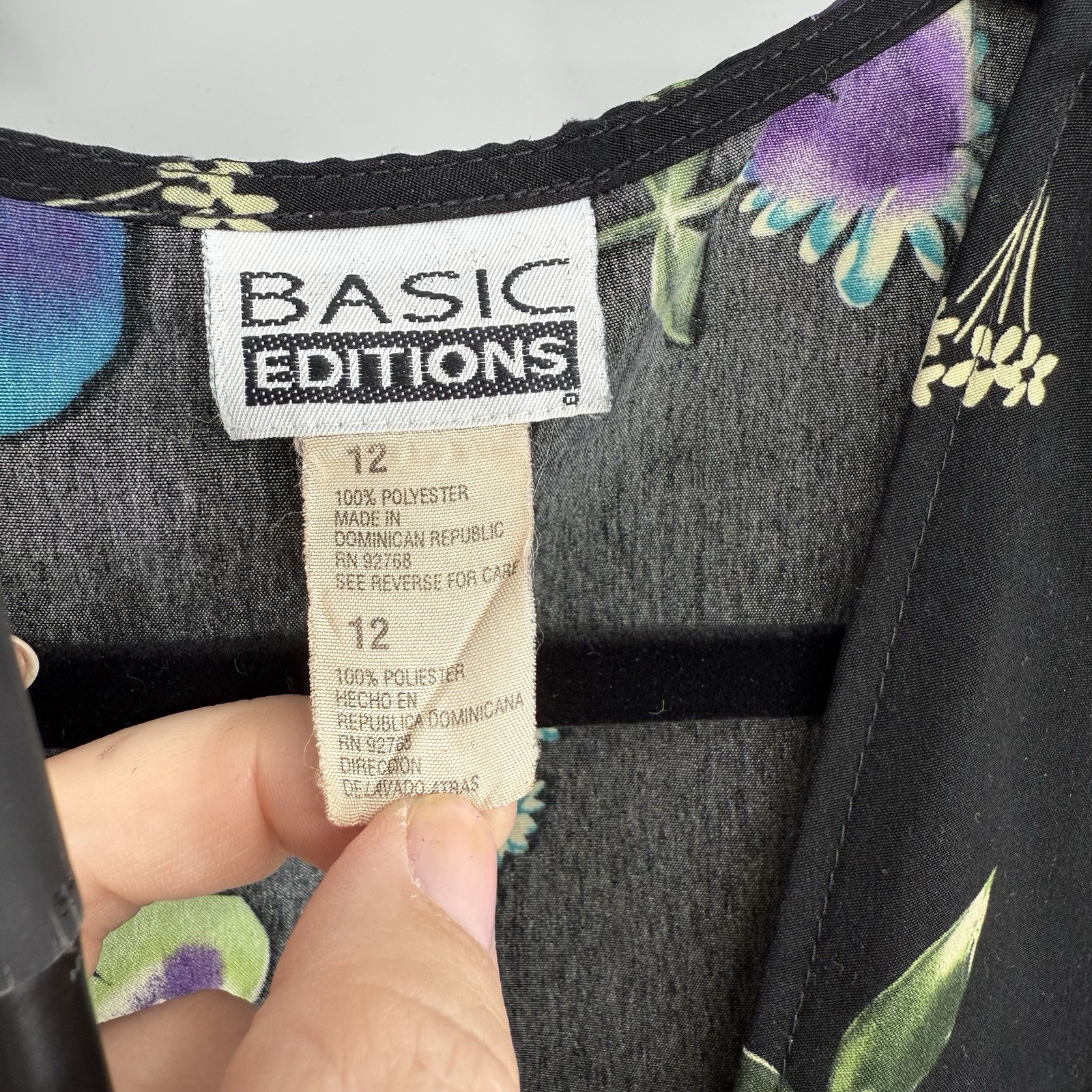 Vintage 90s Basic Editions Black Wrap Dress with Floral and Fruit Print Size 12