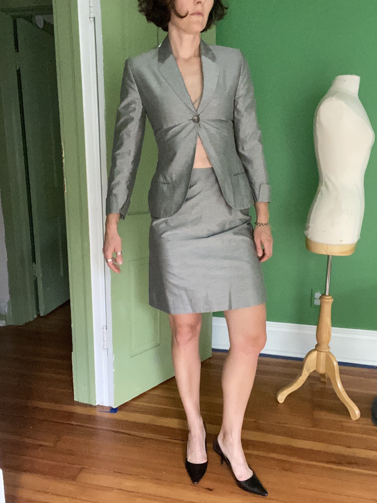 Vintage 1990s René Lezard Grey Skirt Blazer Suit 36 xS Office Look Corporate