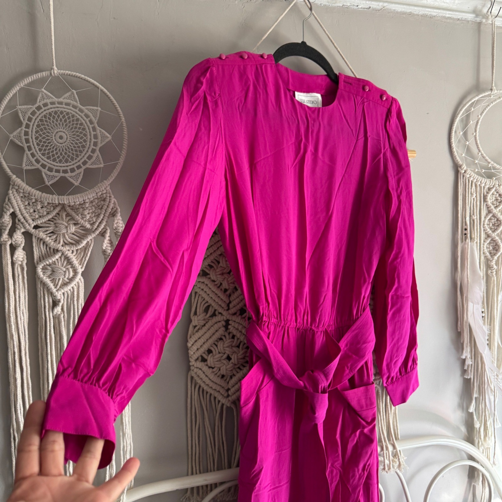 Silk Studio Vintage Fuchsia Pink 100% Silk Long Sleeve Midi Dress Size 8