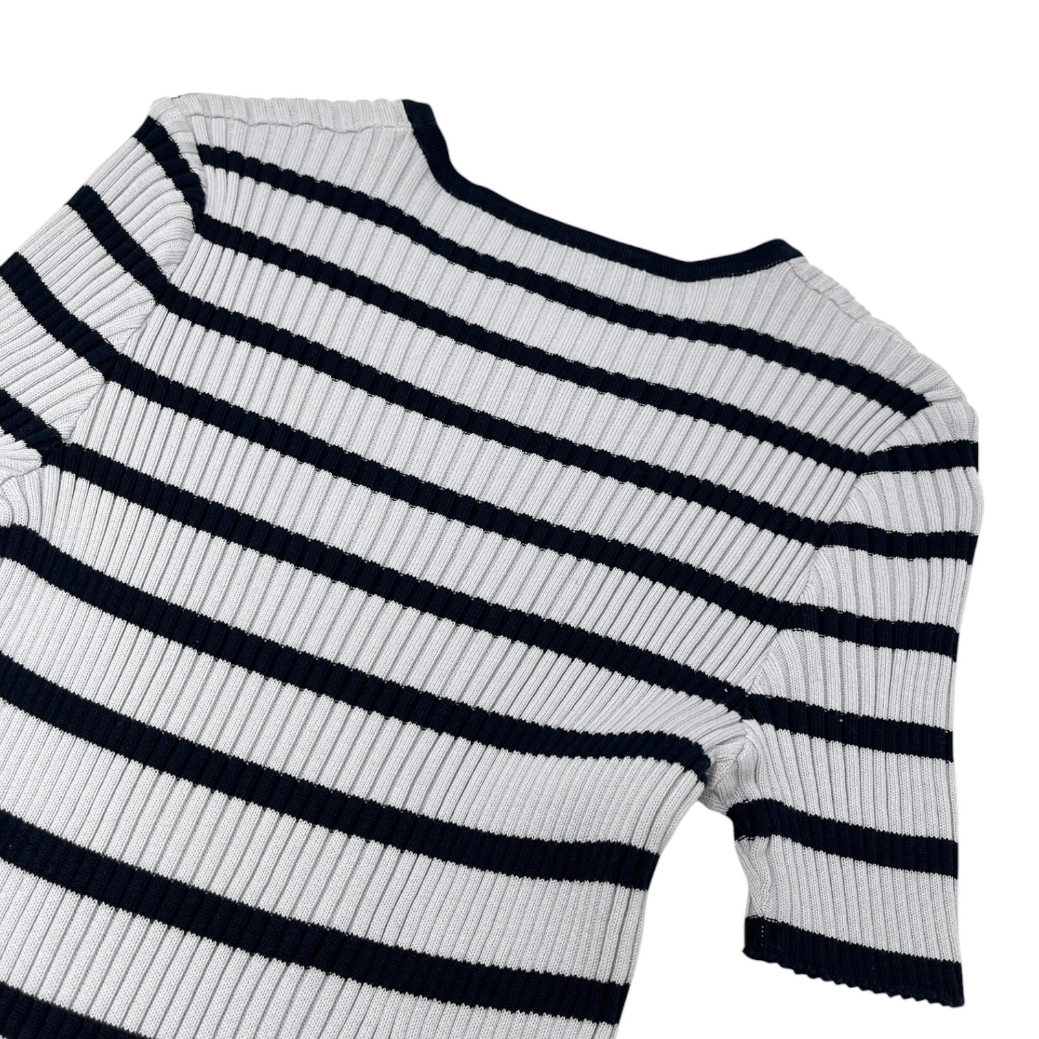CHANEL Vintage 98P CC Logo Stripe Rib Knit T-shirt Top #40 Blue Cotton 902587