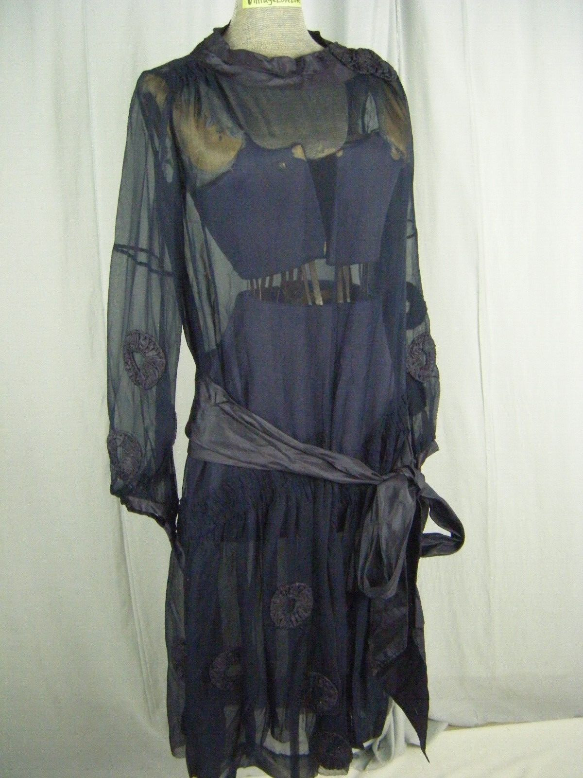Antique 1927 Navy Blue Chiffon Silk Flapper Dress & note 3 pcs-Bust 38/2XS-XS