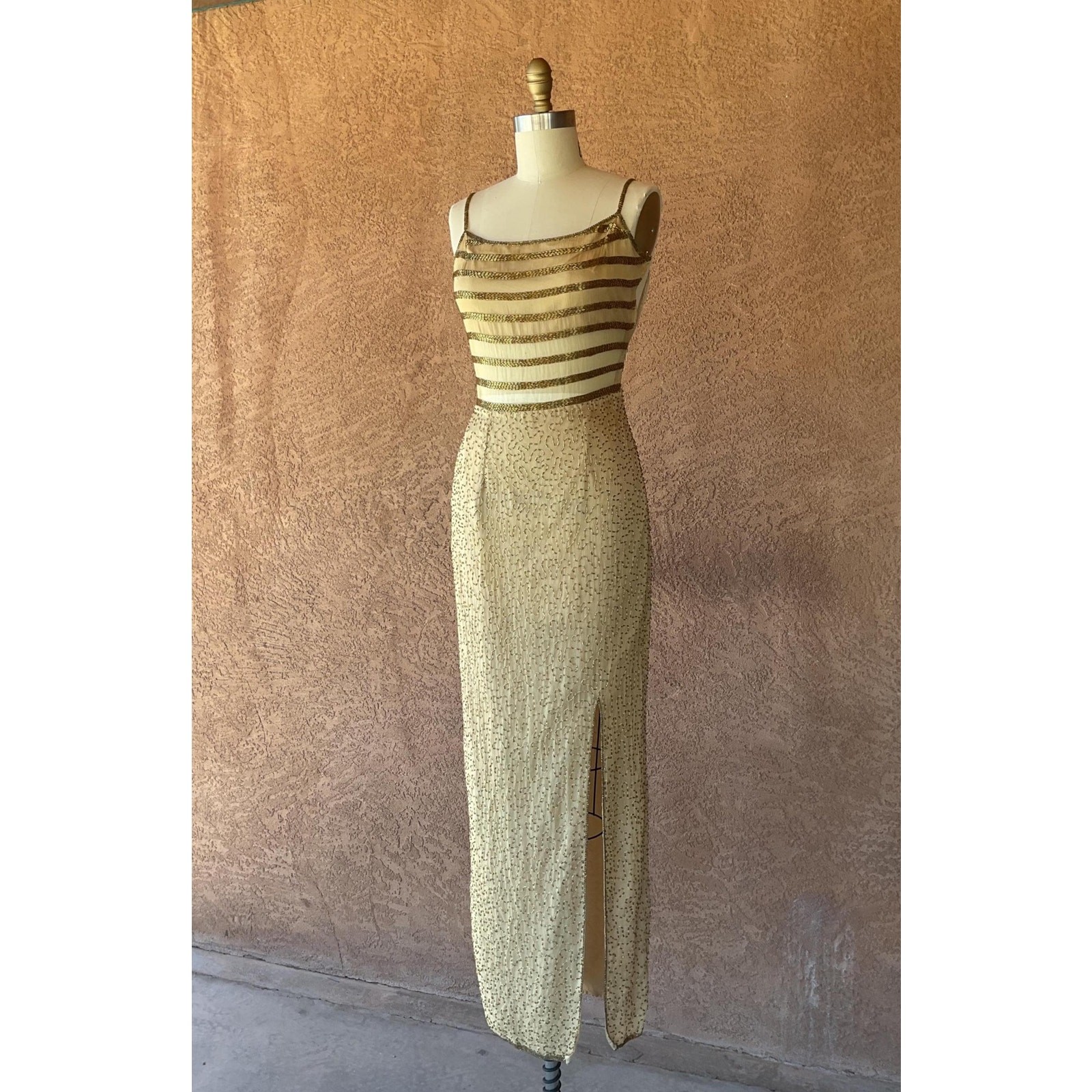 NWT Vintage 90s Gold Silk Beaded Column Gown with Front Slit, Deadstock