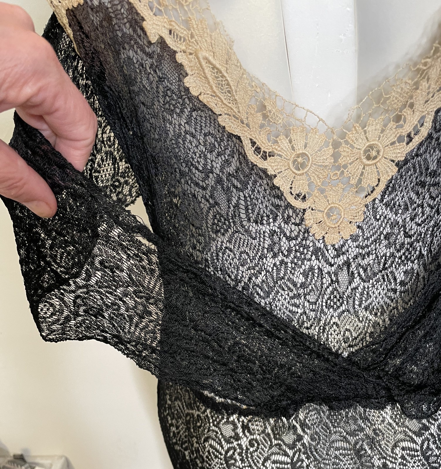 Antique 20s 30s Black Lace Art Deco Dress S M 3-in-1 Sleeveless Midi Fitted