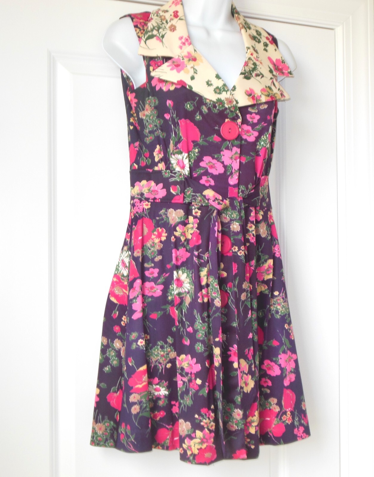 Vintage Floral Dress sz ~S Large Collar Button Front w Belt 60&rsquo;s 70&rsquo;s Sleeveless