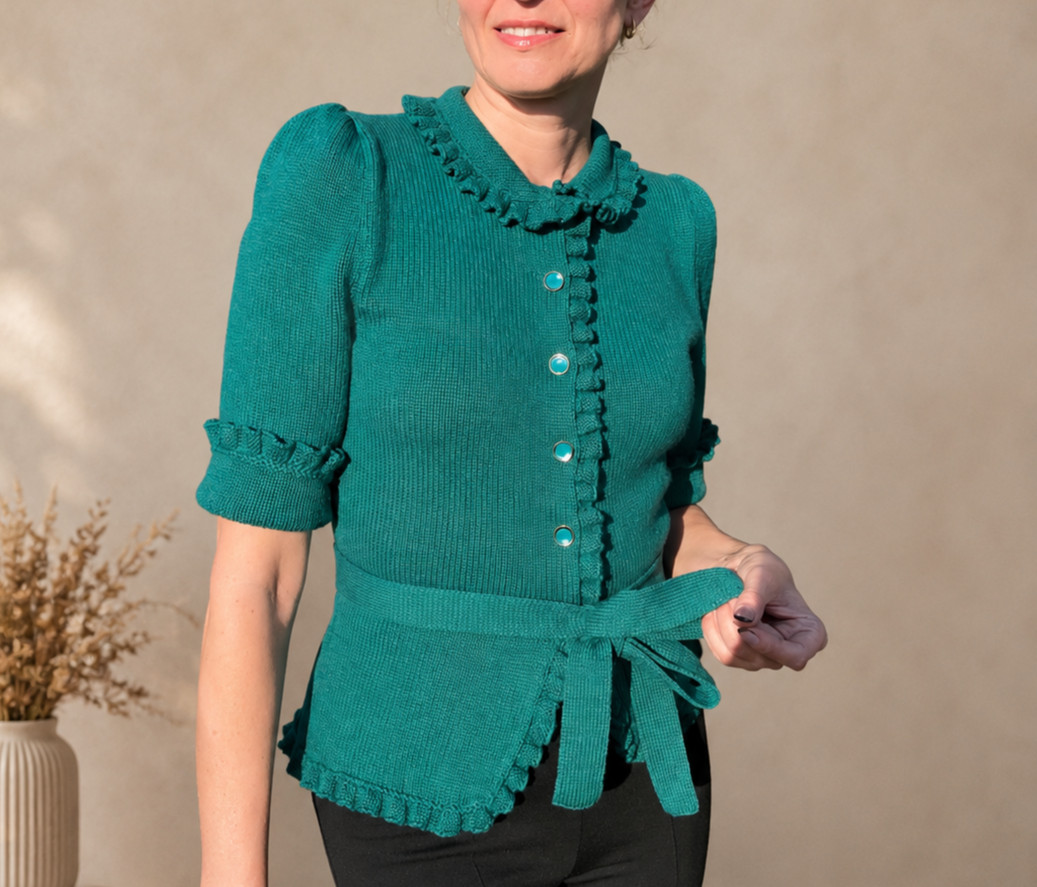 Wool Cashmere Knit Cardigan, Wool Sweater, Handmade Vintage Green Belted Blouse