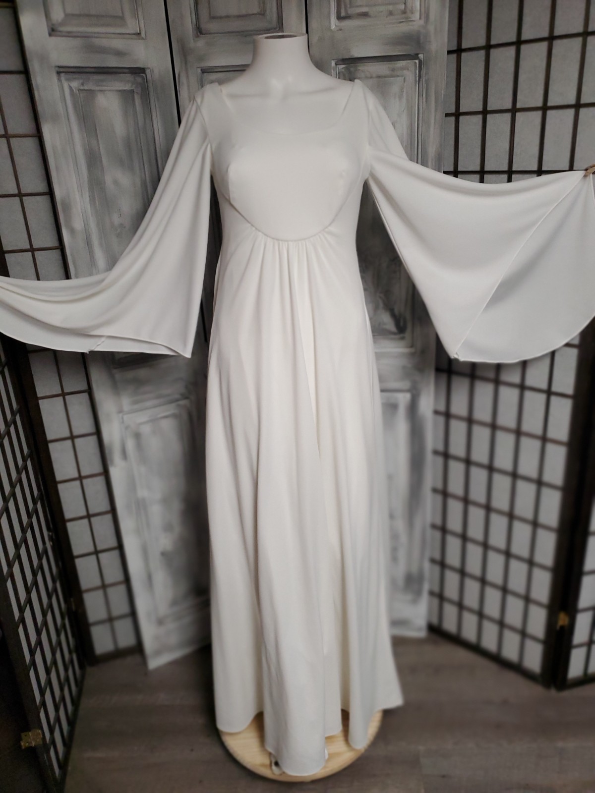 Vtg XS-S Wedding Dress 70s Full Angel Wing Sleeve boho medieval gothic Ooak gown