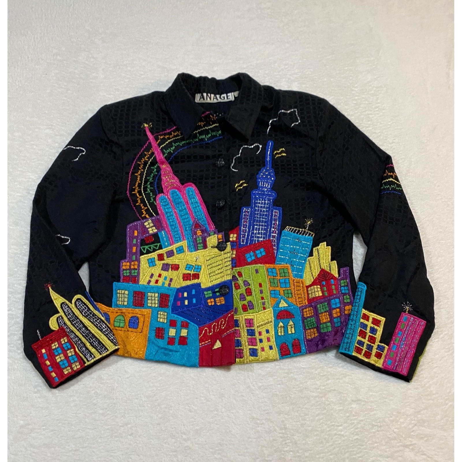 Anage Vintage NYC Skyline Embroidered Jacket Black Cotton Art Wear Medium