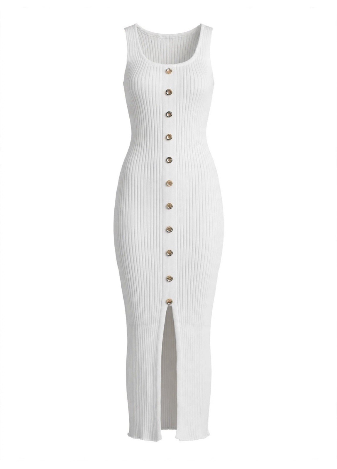 Sleeveless Ribbed Button-Front Midi Dress in White