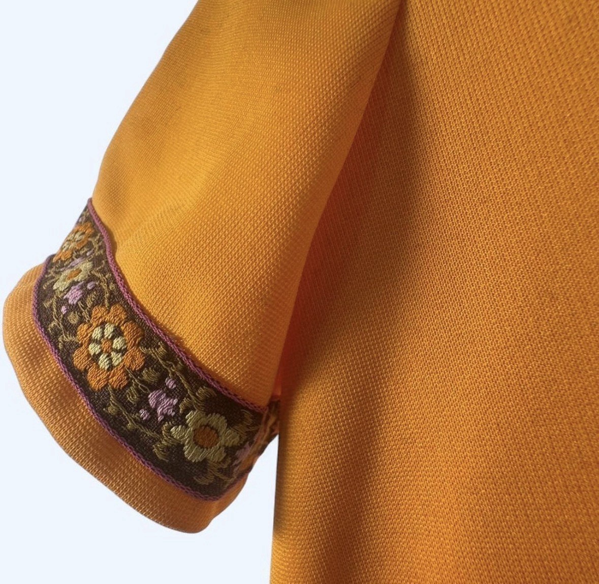 SMALL 1960s-70s Homemade Gold Mustard Short Sleeve Dress with Embroidered Trim
