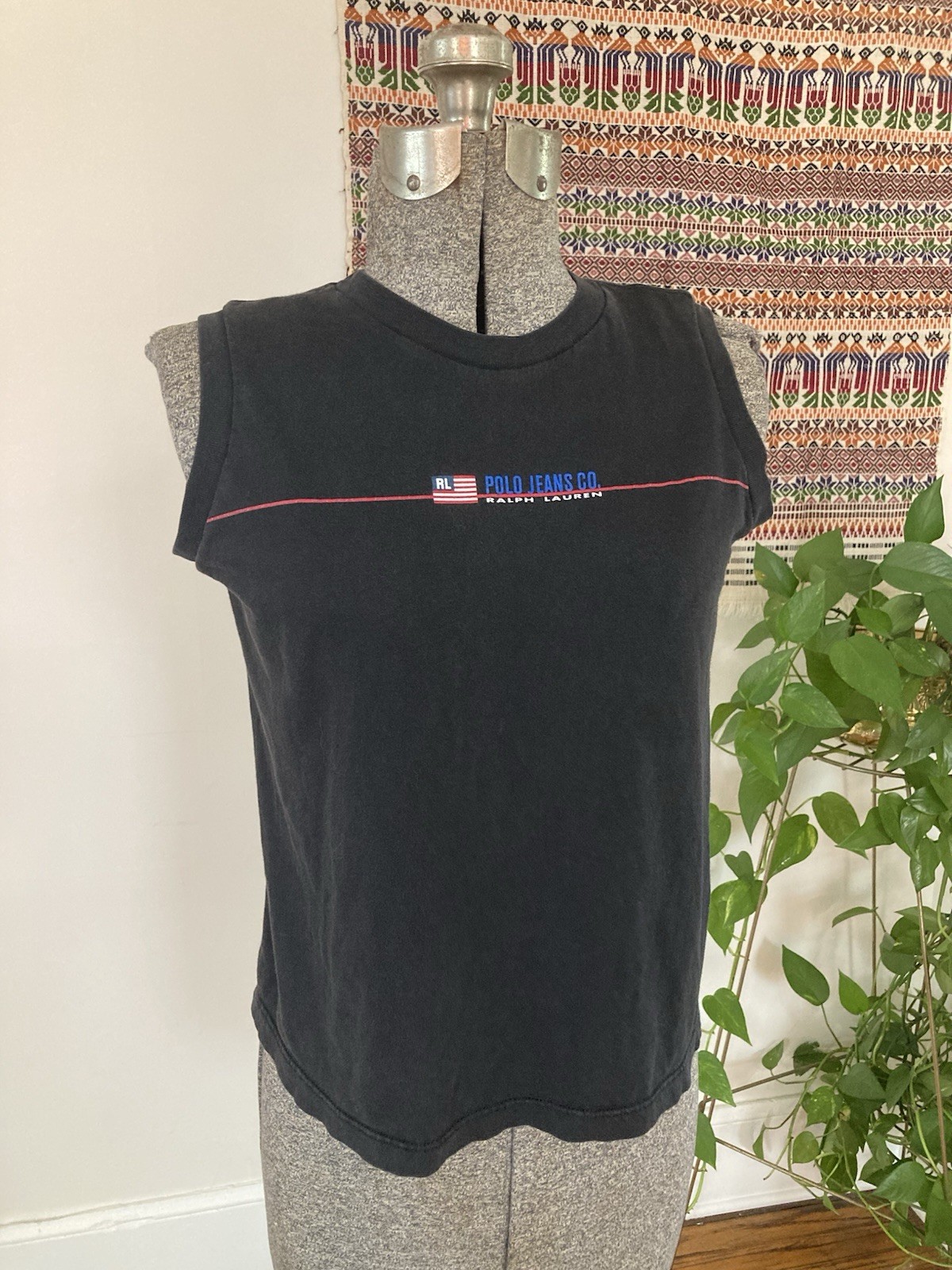 Vtg 90’s Ralph Lauren Polo Jeans Flag Logo Black Sleeveless Shirt Tank Top Sz S