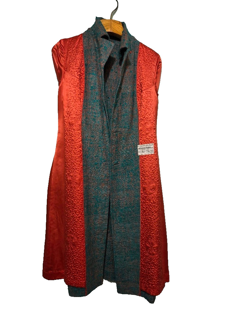 Raw Silk Coat Vtg 60s Teal Copper Quilted Panel Lining Hong Kong Herald Tang