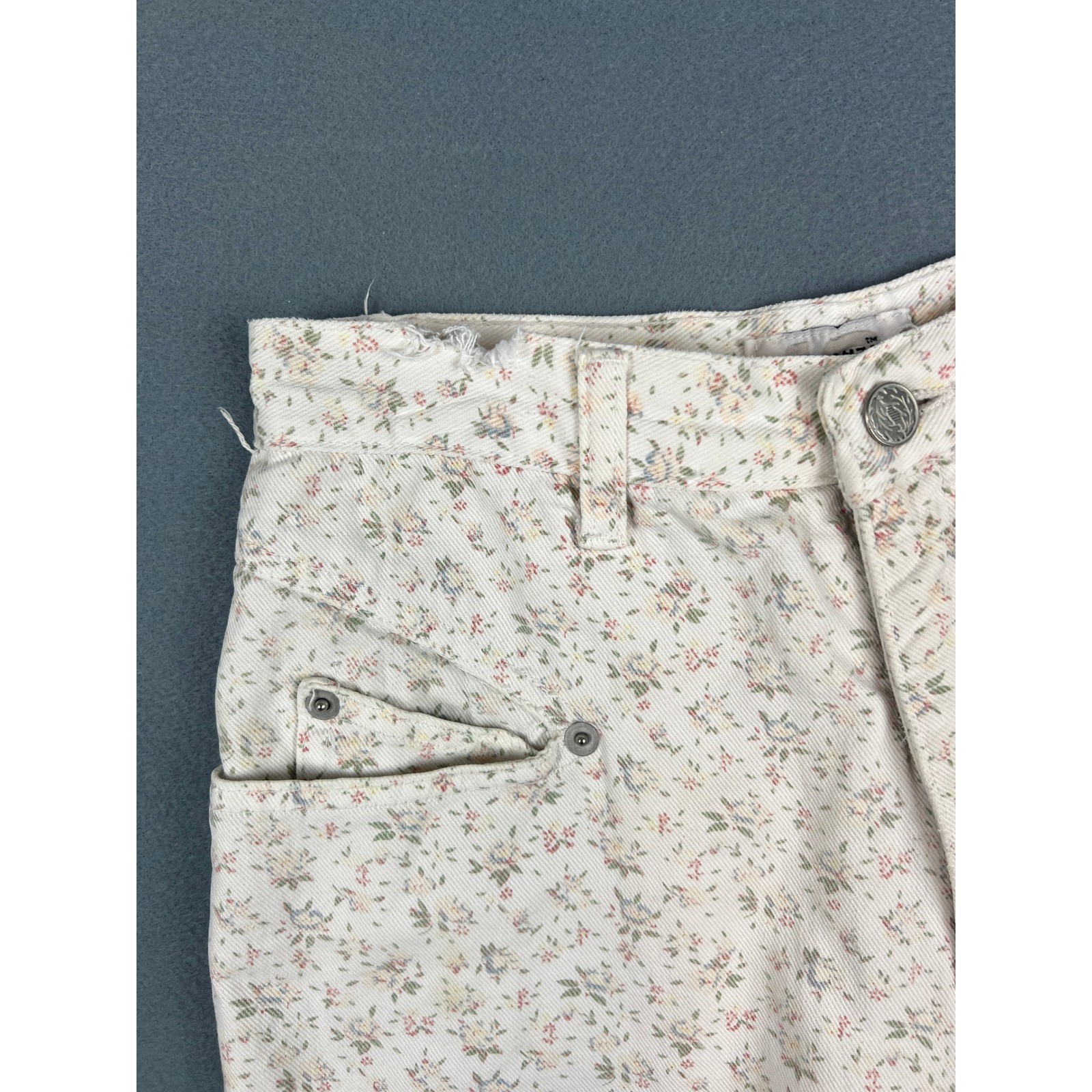 Sostanza Vintage Floral Denim Shorts Cottagecore Boho 90s Cream Cotton XS 0 2