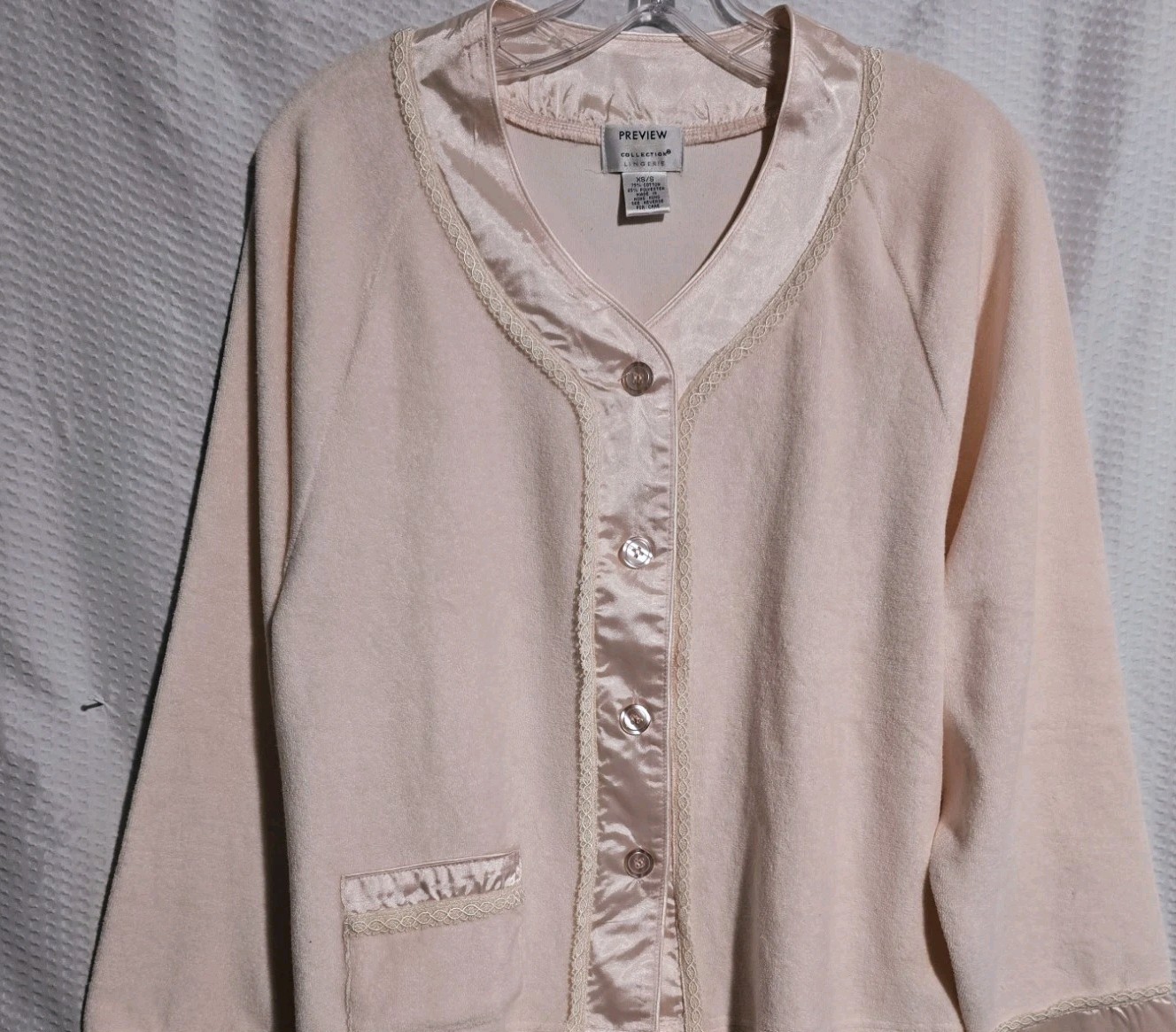 Vintage Bed Jacket Soft Terrycloth Long Sleeve Pink Satin Silk Lace Trim XS/S