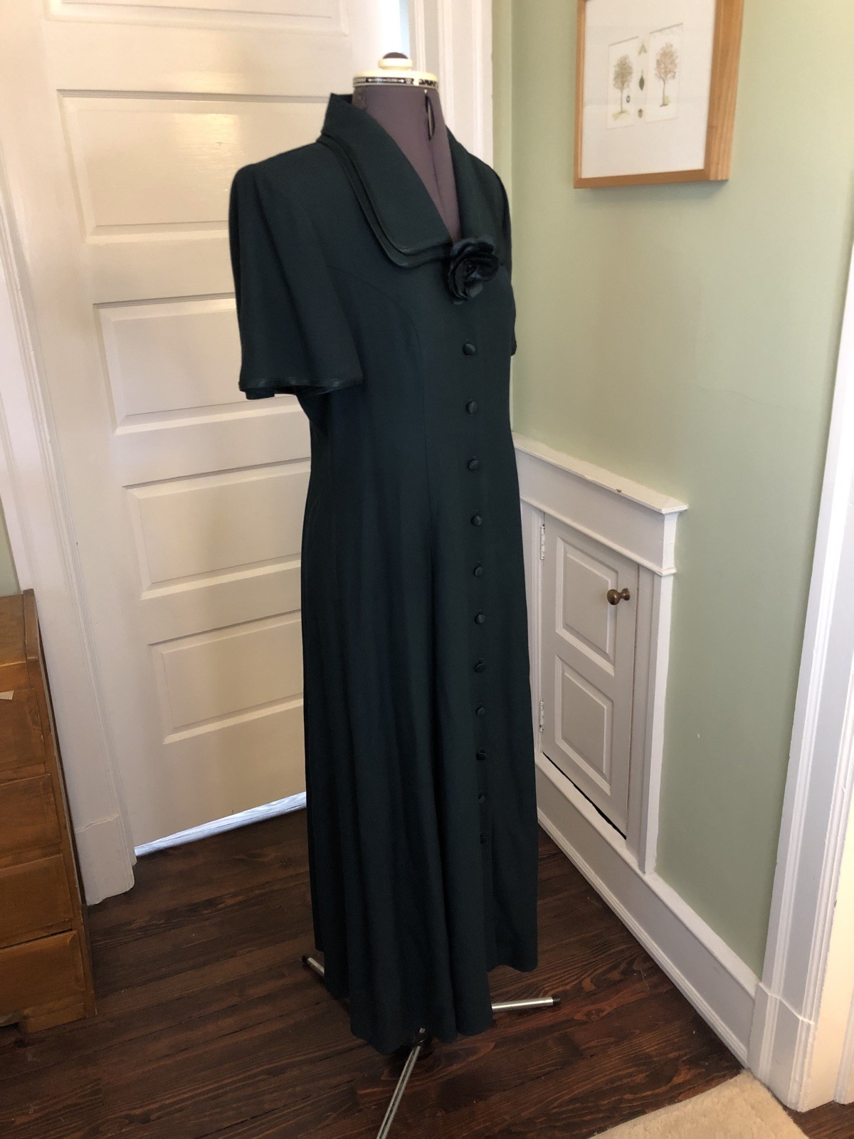 80s John Roberts Forest Green Short Sleeve Button Down Dress M